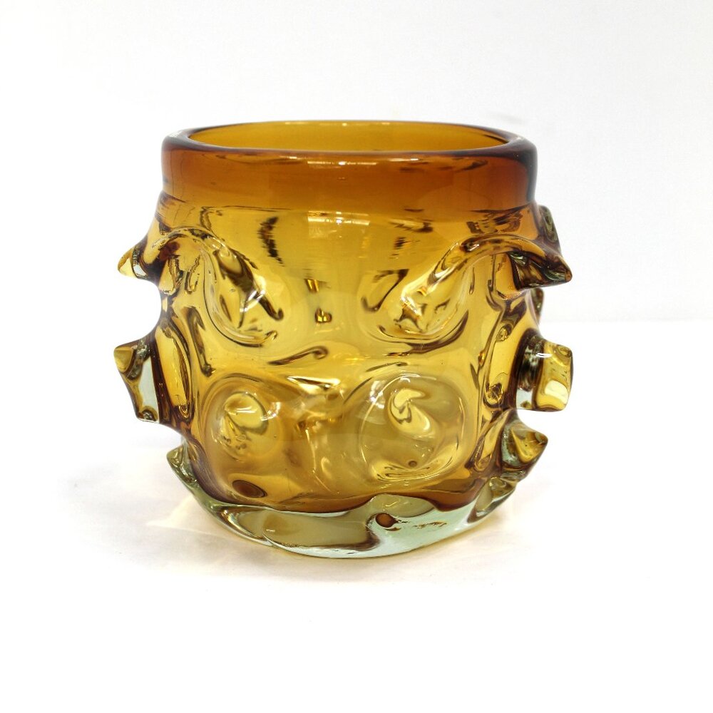 Vintage Brutalist Spiked Amber Blown Glass Vase Bowl MCM 4.5"t x 5"d